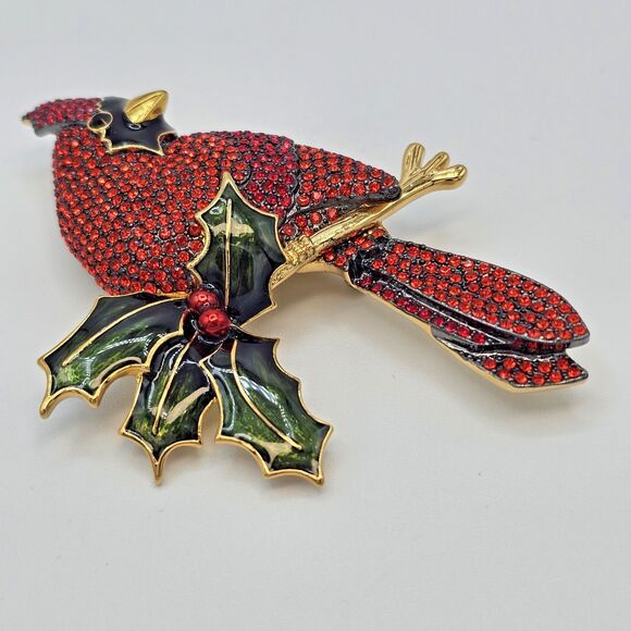 Joan Rivers Cardinal Brooch Vtg Pave Crystal Bird Enamel Holly Holiday Winter - Picture 8 of 14